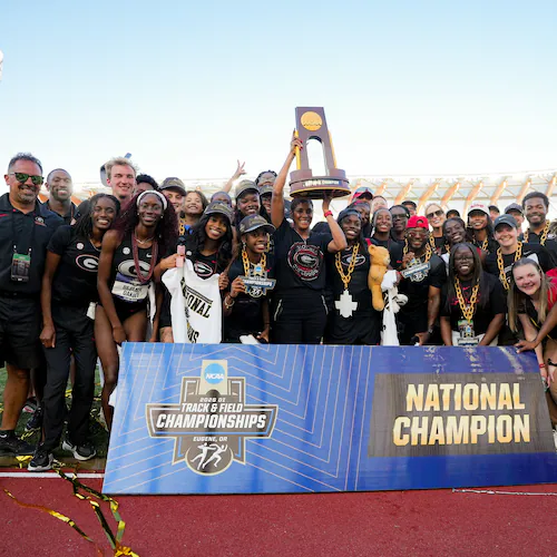 The Georgia women's track and field team celebrates its national title Saturday, June 13, 2026, at the NCAA Outdoor Track and Field Championships in Eugene, Oregon. (Courtesy of UGAAA)