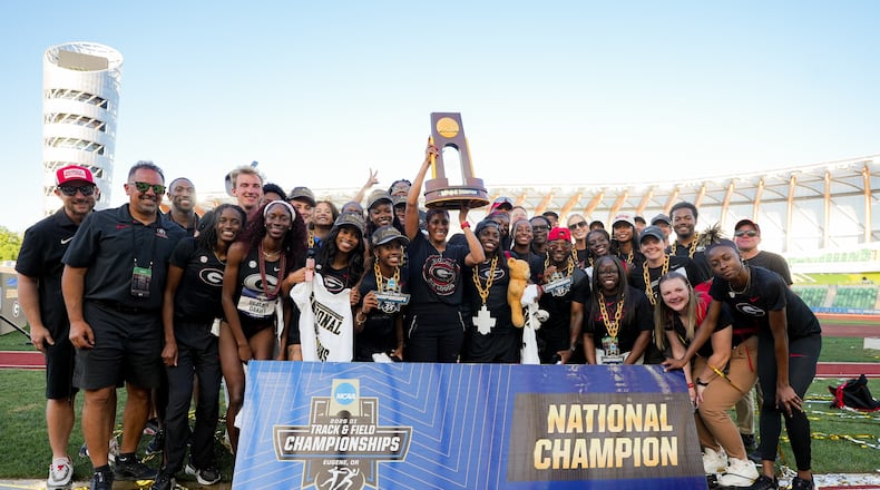 The Georgia women's track and field team celebrates its national title Saturday, June 13, 2026, at the NCAA Outdoor Track and Field Championships in Eugene, Oregon. (Courtesy of UGAAA)