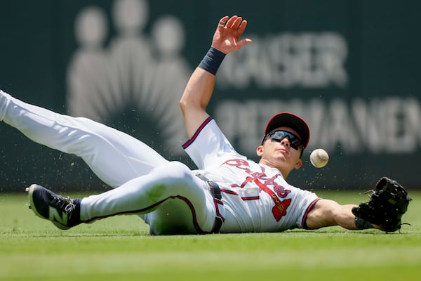 Braves outfielder Stuart Fairchild slid for a ball on Sunday against the Orioles.