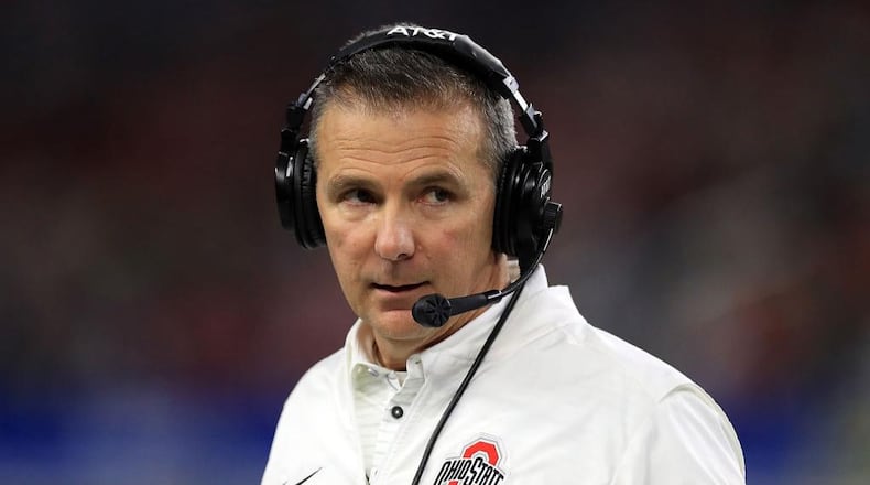 Head coach Urban Meyer of the Ohio State Buckeyes during the Goodyear Cotton Bowl against the USC Trojans in the second quarter at AT&T Stadium on December 29, 2017 in Arlington, Texas.
