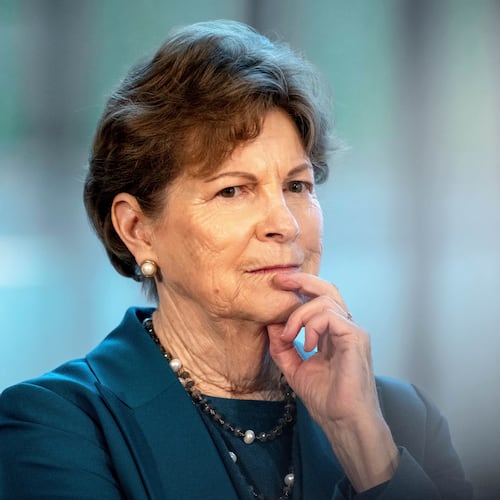 FILE - U.S. Sen. Jeanne Shaheen, D-N.H., looks on during a press conference with the American delegation, consisting of senators and members of the House of Representatives, in Copenhagen, Denmark, Saturday, Jan. 17, 2026. (Ida Marie Odgaard/Ritzau Scanpix via AP, File)