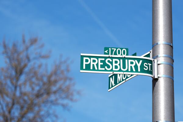 A street sign identifying the 1700 block of Presbury Street is seen, Monday, April 14, 2025, in the Sandtown-Winchester neighborhood in Baltimore, where Freddie Gray was arrested before his subsequent death in 2015. (AP Photo/Stephanie Scarbrough)