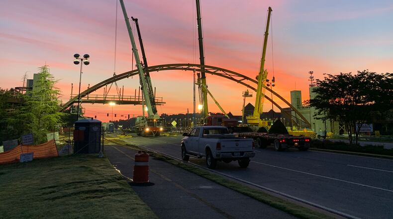 Construction crews working on the Peachtree Corners pedestrian bridge will close lanes along a portion of Ga. 141/Peachtree Parkway between E. Jones Bridge Road/Medlock Bridge Road and Peachtree Corners Circle. (Courtesy City of Peachtree Corners)