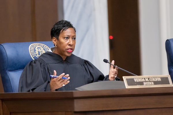 Georgia Supreme Court Justice Verda Colvin speaks during a hearing in September 2024. She  suggested Burroughs’ case is more convincing if she alleges her injury started from her first use of hair relaxers, though the injury wasn’t evident until later. (Arvin Temkar/AJC)