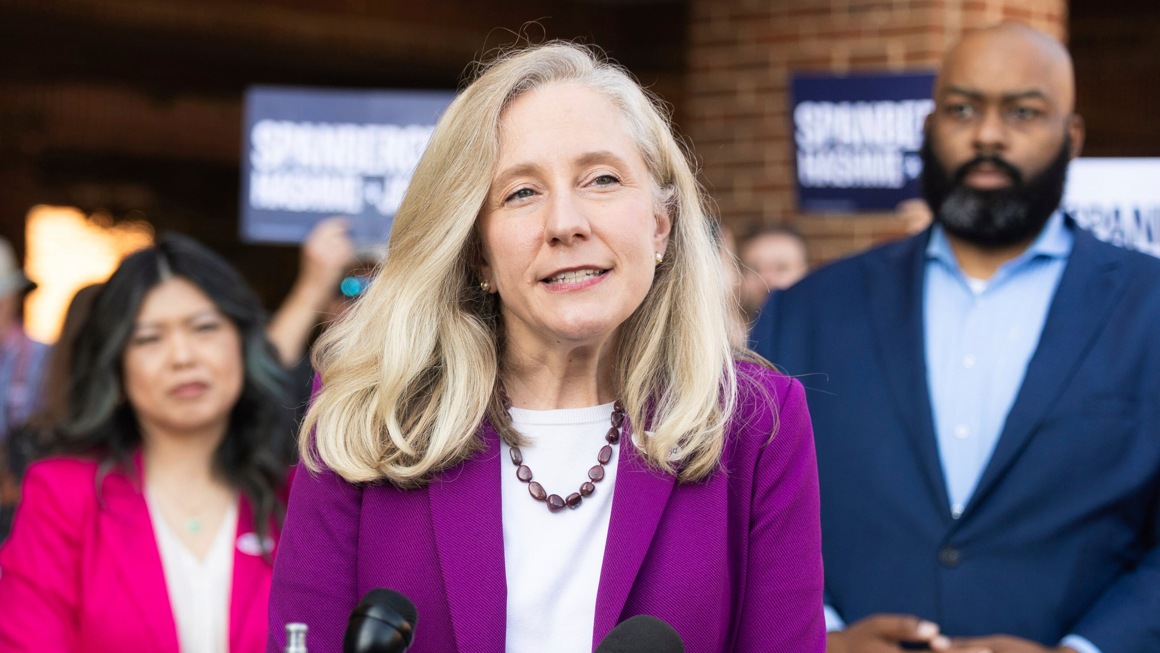 FILE - Democratic gubernatorial candidate Abigail Spanberger speaks to members of the press on the first day of early voting in Henrico County, Sept. 19, 2025. (Mike Kropf /Richmond Times-Dispatch via AP, File)