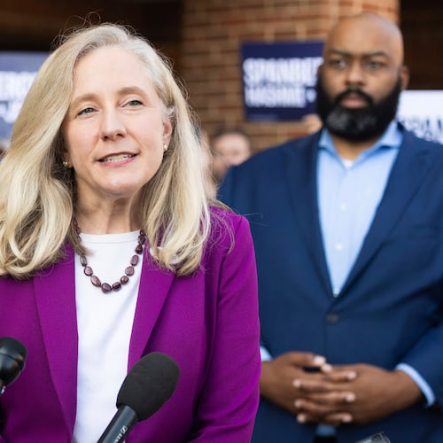 FILE - Democratic gubernatorial candidate Abigail Spanberger speaks to members of the press on the first day of early voting in Henrico County, Sept. 19, 2025. (Mike Kropf /Richmond Times-Dispatch via AP, File)