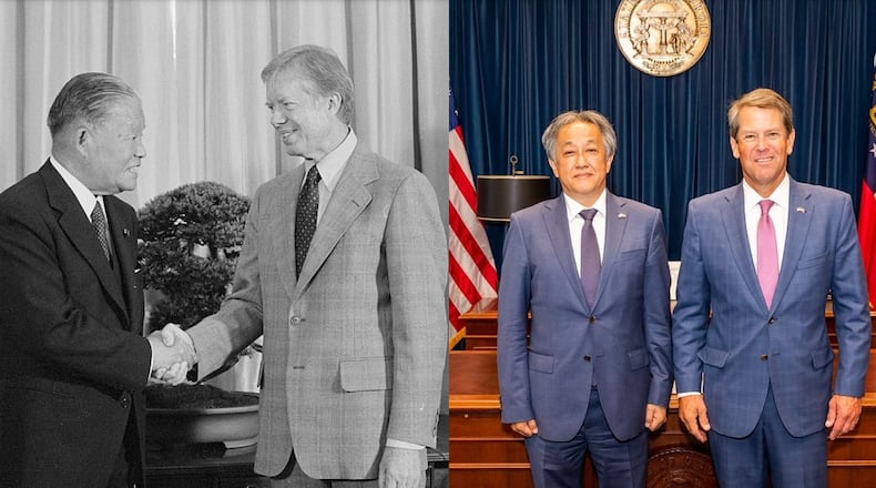 President Jimmy Carter (left) shook hands with Japanese Prime Minister Masayoshi Ohira in 1979. Georgia Gov. Brian Kemp (right) posed for a photo with Kazuyuki Takeuchi, the consul general of Japan in Atlanta, in 2019.