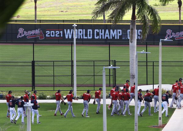 The 2021 World Champions Atlanta Braves are still waiting for the MLB lockout to end while their minor leaguers head out for another day of spring training camp at their Florida facility on Wednesday, March 9, 2022, in North Port.  “Curtis Compton / Curtis.Compton@ajc.com”`
