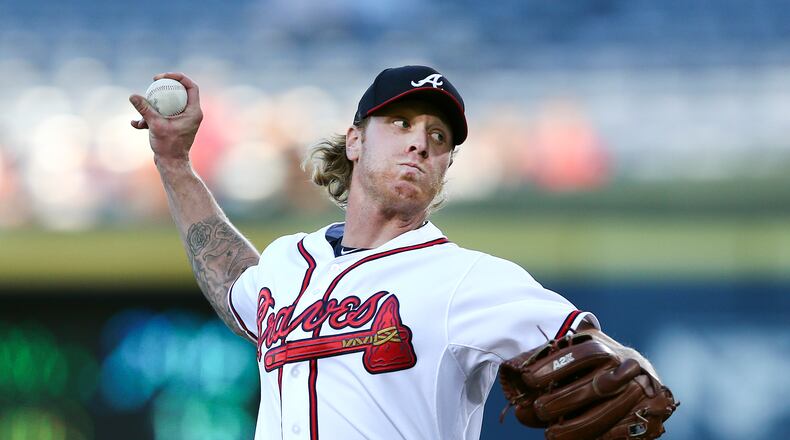 Atlanta Braves starting pitcher Mike Foltynewicz works in the first inning of a baseball game against the Colorado Rockies, Tuesday, Aug. 25, 2015, in Atlanta. (AP Photo/John Bazemore)