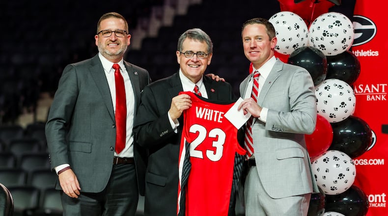 Mike White (right) was announced as Georgia's men’s basketball coach on March 15. White completed his coaching staff Tuesday. (Photo by Tony Walsh)