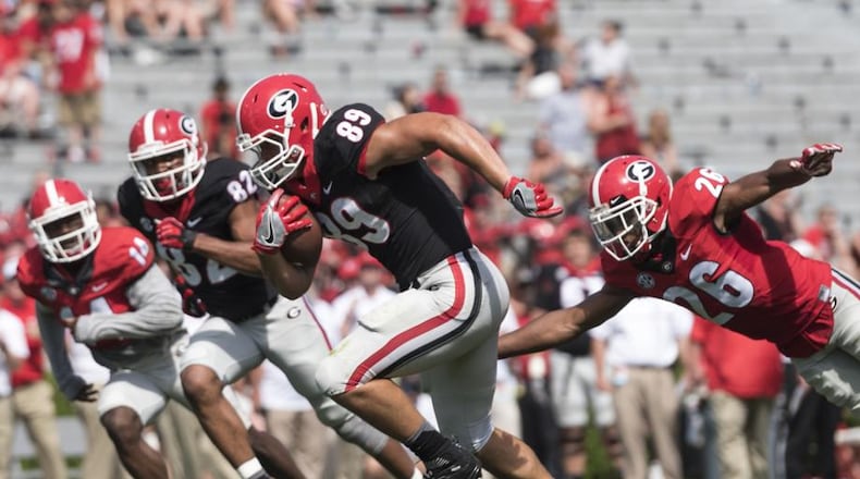 April 22, 2017, Athens - University of Georgia tight end Charlie Woerner (89) runs with the ball during the G-Day game in Athens, Georgia, on Saturday, April 22, 2017. (DAVID BARNES / DAVID.BARNES@AJC.COM)