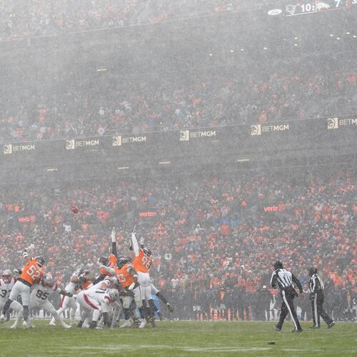 New England Patriots kicker Andy Borregales (36) misses a field goal against the Denver Broncos during the second half of the AFC Championship NFL football game, Sunday, Jan. 25, 2026, in Denver. (AP Photo/Ashley Landis)
