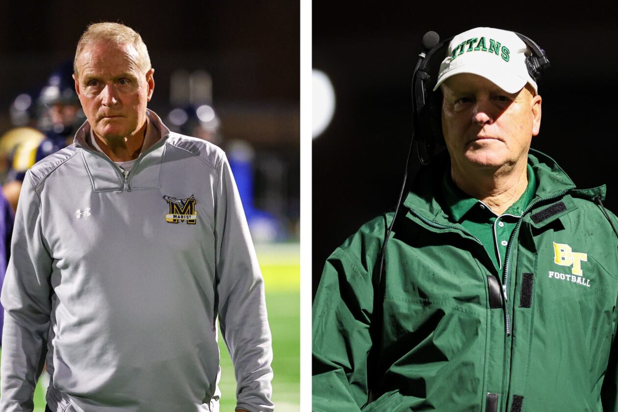 Marist coach Alan Chadwick, left, and Blessed Trinity coach Ed Dudley, right, are the two winningest active GHSA football coaches.