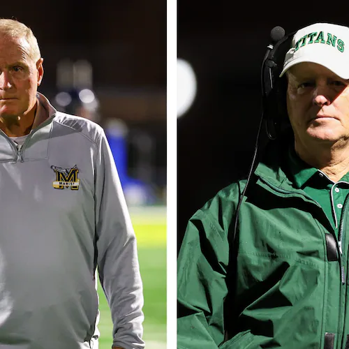 Marist coach Alan Chadwick, left, and Blessed Trinity coach Ed Dudley, right, are the two winningest active GHSA football coaches.