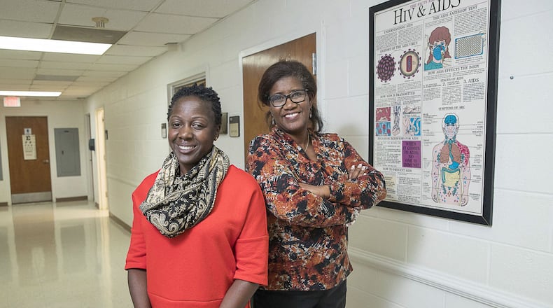 11/12/2018 — Atlanta, Georgia — Cynthia Trawick (right), Administrative director at Morehouse’s Student Health Center, and Sinead N. Younge (left), department chair of Morehouse College’s Psychology department, stand for a photo at the Morehouse College Student Health Center in Atlanta, Monday, November 12, 2018. (ALYSSA POINTER/ALYSSA.POINTER@AJC.COM)