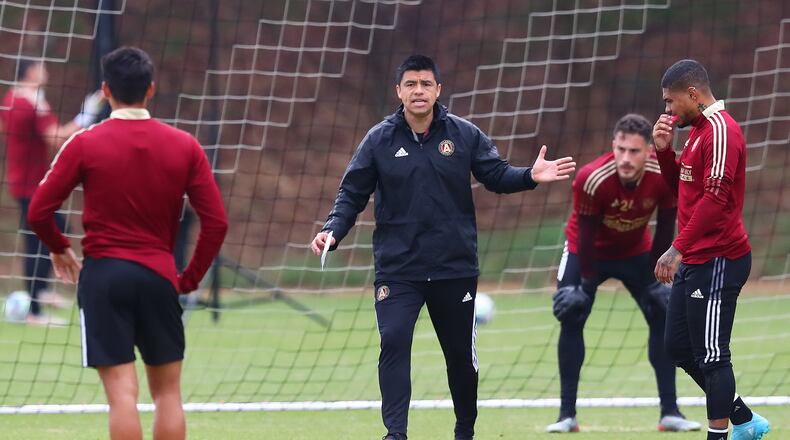 Atlanta United manager Gonzalo Pineda works with players during team practice Wednesday, Feb. 23, 2022, in Marietta. “Curtis Compton / Curtis.Compton@ajc.com”`