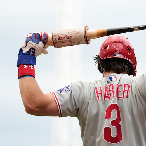 Philadelphia Phillies' Bryce Harper stretches with his bat during the first inning of a baseball game against the Cincinnati Reds in Cincinnati, Tuesday, July 7, 2026. (AP Photo/Carolyn Kaster)
