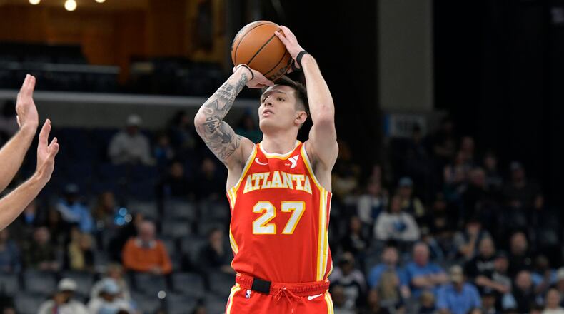 Atlanta Hawks guard Vit Krejci (27) shoots in the first half of an NBA basketball game against the Memphis Grizzlies Friday, March 8, 2024, in Memphis, Tenn. (AP Photo/Brandon Dill)