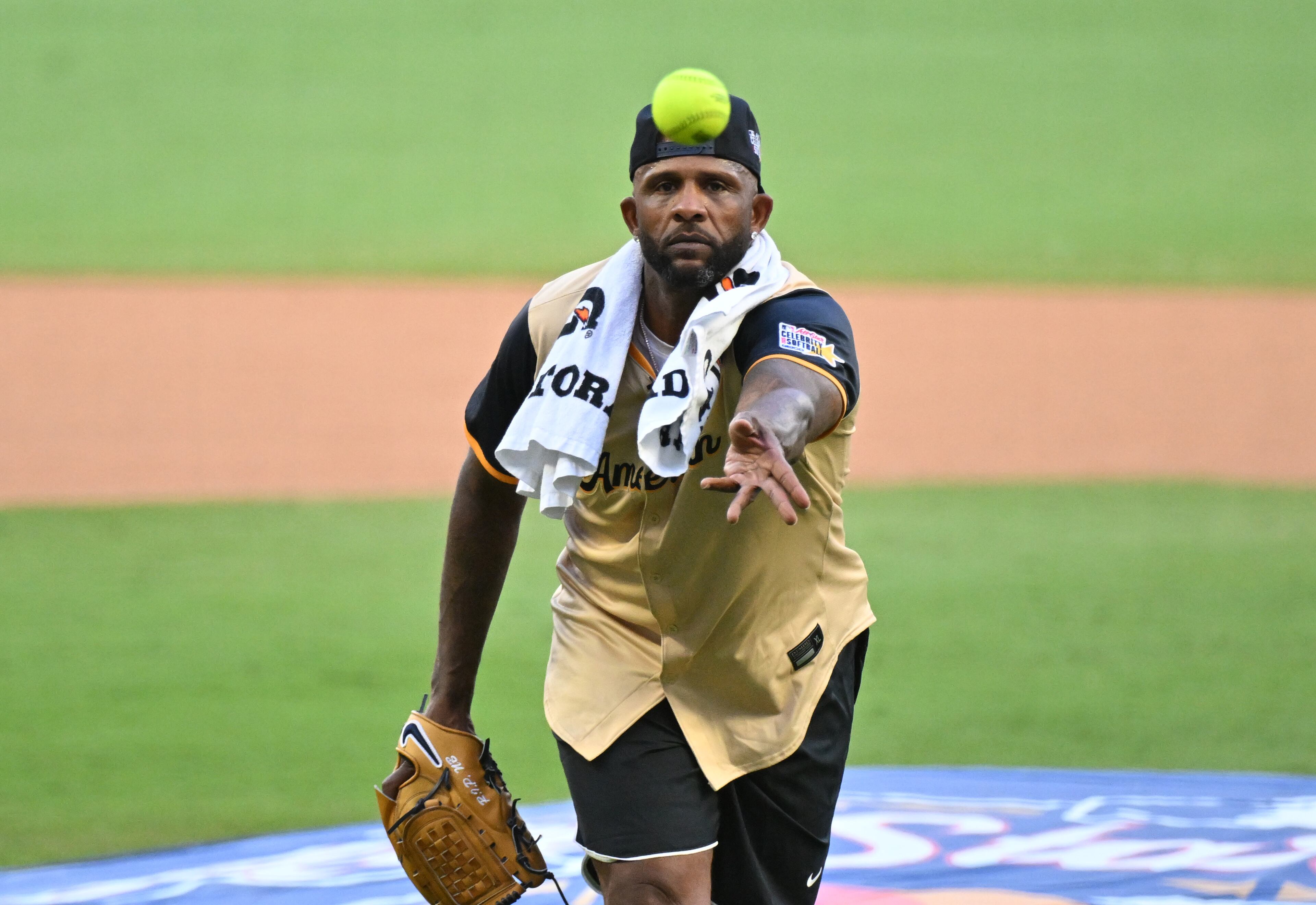 American League’s CC Sabathia, Yankees Legend & Hall of Famer, throws a ball during the MLB All-Star Celebrity Softball Game at Truist Park, Saturday, July 12, 2025, in Atlanta. (Hyosub Shin / AJC)