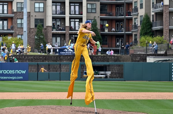 Savannah Bananas' Dakota Albritton throws a pitch during first of three-game series at Coolray Field, Saturday, March 23, 2024, in Lawrenceville. (Hyosub Shin / Hyosub.Shin@ajc.com)