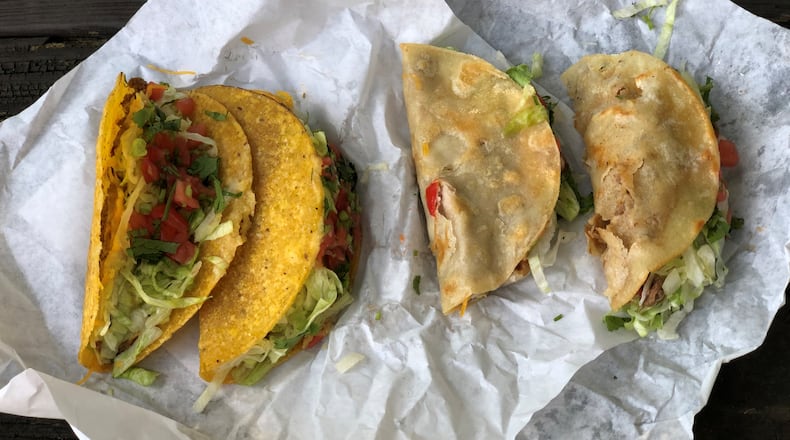 Taco Pete, and now Taco Pete Bistro in Hapeville, has always excelled at old-school tacos — like ground beef in hard shells (top) and gently griddled soft shells (see the beans and cheese and steak versions below).
Wendell Brock for The Atlanta Journal-Constitution