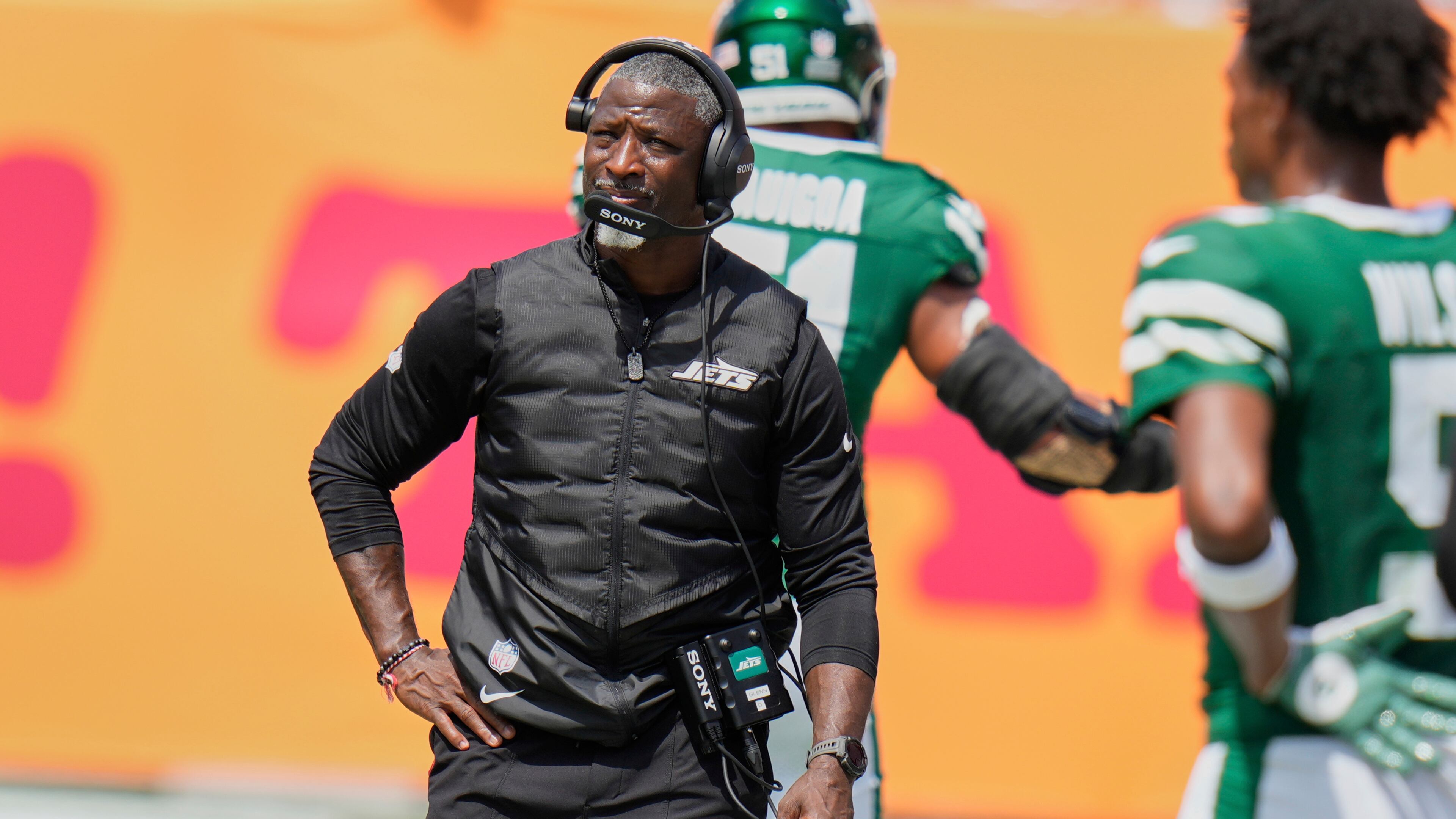 New York Jets head coach Aaron Glenn watches from the sidelines during the first half of an NFL football game against the Tampa Bay Buccaneers Sunday, Sept. 21, 2025, in Tampa, Fla. (AP Photo/Chris O'Meara)