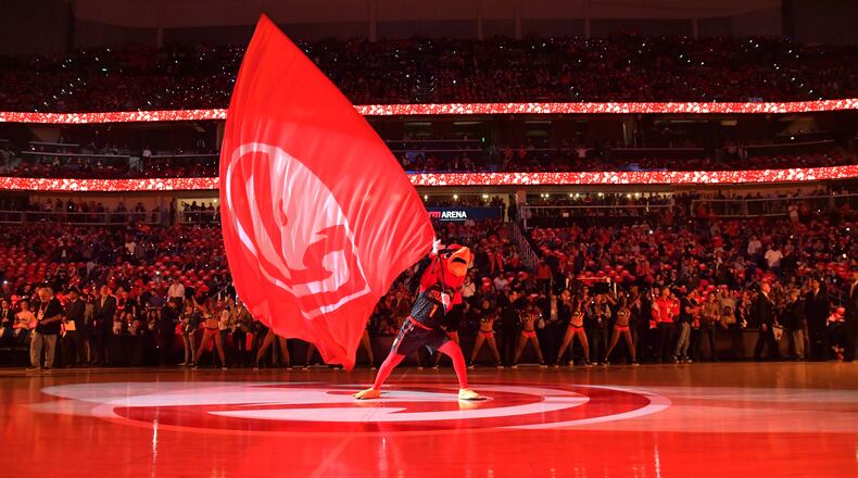 Harry The Hawk entertains prior to the start of the home opener of the 2018 season at State Farm Arena.