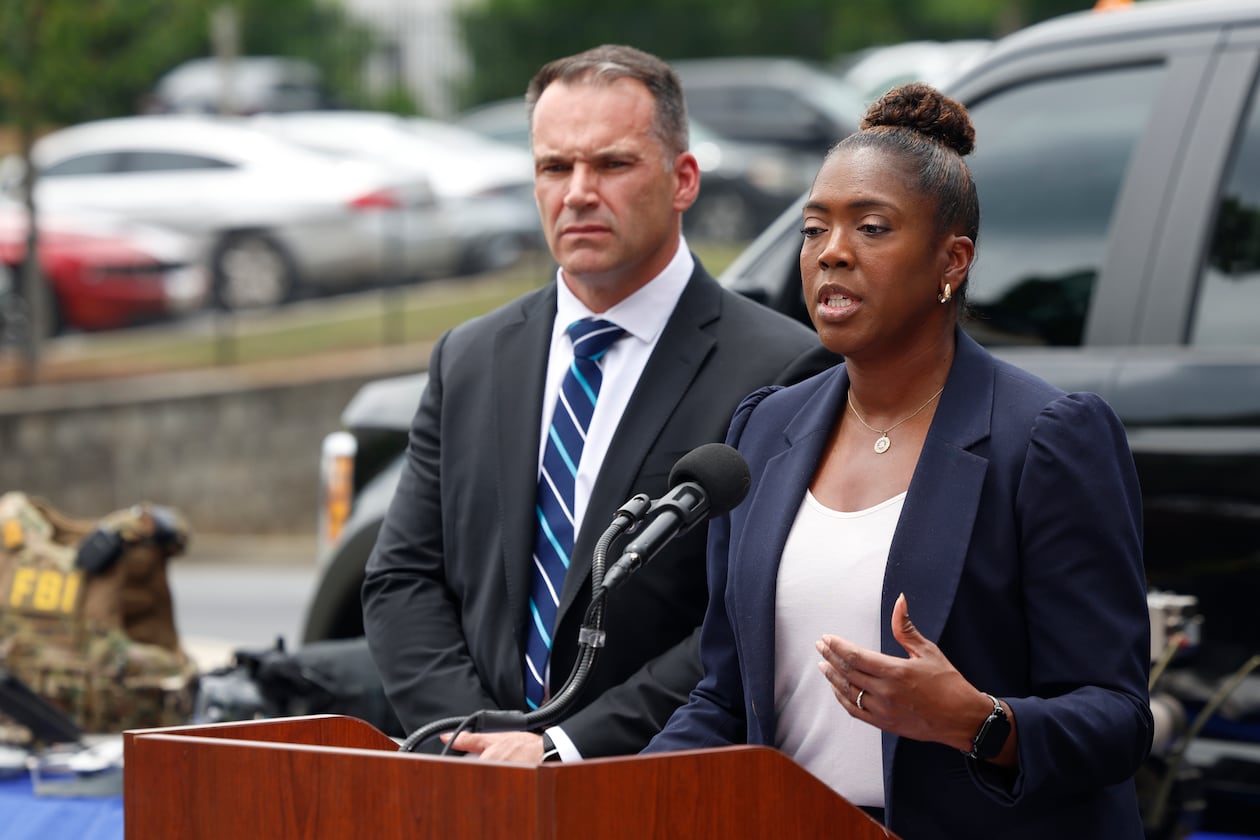 FBI Atlanta Special Agent in Charge Marlo Graham, right, and FBI Atlanta Assistant Special Agent in Charge Shawn Matthews, left, address the media at a press conference Thursday about the FBI’s safety plans for the 2026 FIFA World Cup in Atlanta. They displayed drones and other security gear and technology they might use during the six-week event. (Akili-Casundria Ramsess for the AJC)
