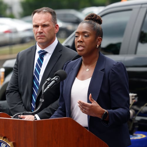 FBI Atlanta Special Agent in Charge Marlo Graham, right, and FBI Atlanta Assistant Special Agent in Charge Shawn Matthews, left, address the media at a press conference Thursday about the FBI’s safety plans for the 2026 FIFA World Cup in Atlanta. They displayed drones and other security gear and technology they might use during the six-week event. (Akili-Casundria Ramsess for the AJC)