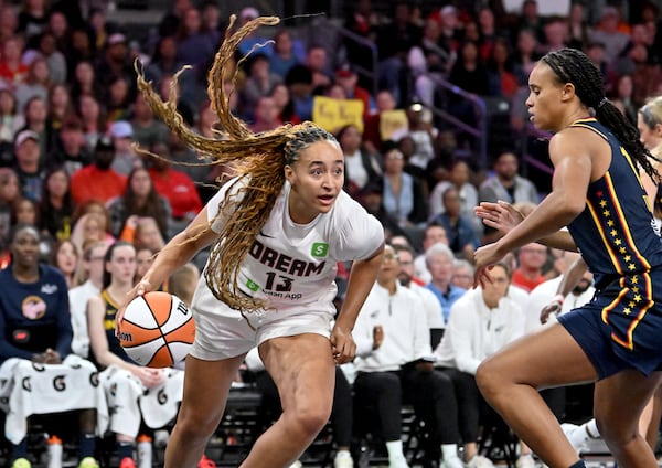 Atlanta Dream guard Haley Jones during an exhibition game against Caitlin Clark and the Indiana Fever. 