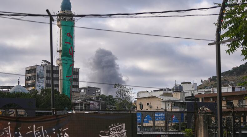 Smoke rises from the site of an Israeli airstrike on the outskirts of Nabatiyeh during Ashoura, when Shiites commemorate the martyrdom of Imam Hussein, the grandson of the Prophet Muhammad, in Nabatiyeh, southern Lebanon, Friday, June 26, 2026. (AP Photo/Hassan Ammar)