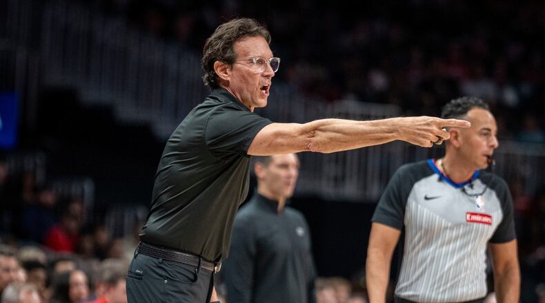 The Atlanta Hawks lost 117-109 on the road to the Cleveland Cavaliers, struggling to score without star guard Trae Young. The Hawks made just 6-of-23 3-point attempts. (Erik Rank/AP)