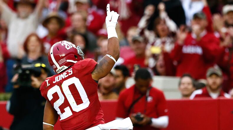 TUSCALOOSA, AL - NOVEMBER 22:  Tyren Jones #20 of the Alabama Crimson Tide reacts after scoring a touchdown against the Western Carolina Catamounts at Bryant-Denny Stadium on November 22, 2014 in Tuscaloosa, Alabama.  (Photo by Kevin C. Cox/Getty Images)