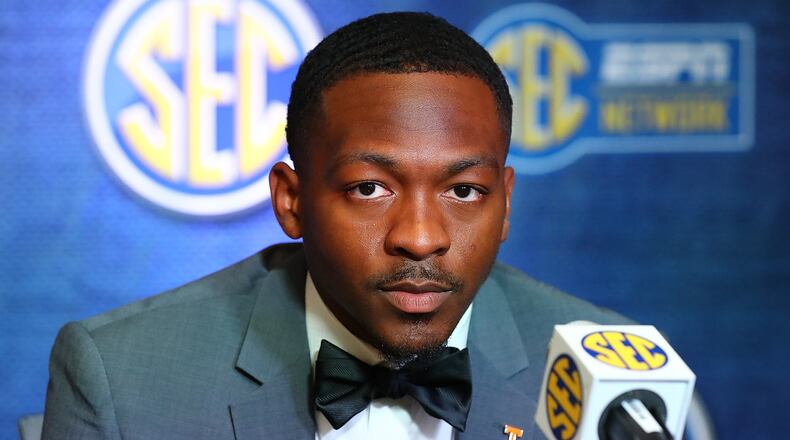 Vols quarterback Hendon Hooker takes questions during his news conference Thursday at SEC Media Days at the College Football Hall of Fame in Atlanta. (Curtis Compton / Curtis Compton@ajc.com)
