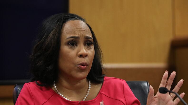 Fulton County District Attorney Fani Willis testifies during a hearing in the case of the State of Georgia v. Donald John Trump at the Fulton County Courthouse on Feb. 15. (Alyssa Pointer/AJC)