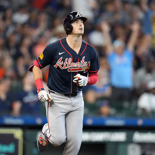 Atlanta Braves' Mike Yastrzemski reacts after hitting a three-run home run off Houston Astros relief pitcher Bryan King during the sixth inning of a baseball game, Sunday, Sept. 20, 2026, in Houston. (AP Photo/Karen Warren)