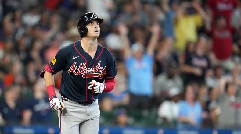 Atlanta Braves' Mike Yastrzemski reacts after hitting a three-run home run off Houston Astros relief pitcher Bryan King during the sixth inning of a baseball game, Sunday, Sept. 20, 2026, in Houston. (AP Photo/Karen Warren)