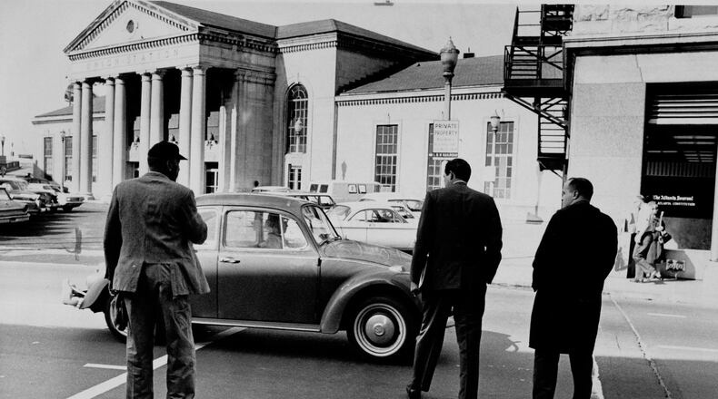 From The Atlanta Journal, Monday, January 16, 1967: Pedestrians on Crosswalk Dodge Auto Ignoring Their "Rights." Pedestrians cross at Forsyth Street in downtown, near Five Points, towards Union Station (demolished 1972), next to former headquarters of The Atlanta Journal-Constitution (at right).