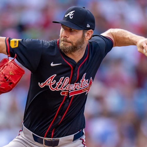 Atlanta Braves starting pitcher Chris Sale delivers during the first inning of a baseball game against the Philadelphia Phillies, Saturday, Aug. 30, 2025, in Philadelphia. (AP Photo/Chris Szagola)