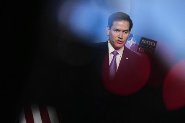 United States Secretary of State Marco Rubio addresses the media during a meeting of NATO foreign ministers at NATO headquarters in Brussels, Thursday, April 3, 2025. (AP Photo/Virginia Mayo)