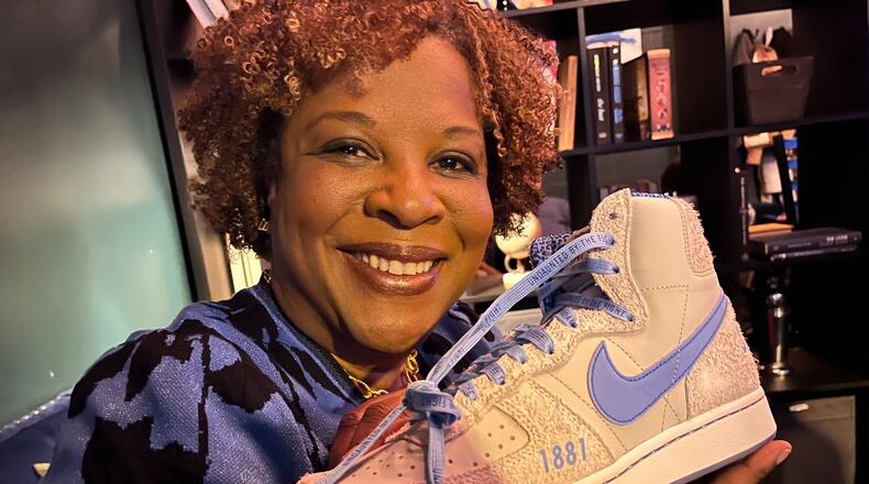 Best-selling author and Spelman College alumna Tayari Jones, shows off her new pair of Nike Terminators, designed with the all-Black female HBCU in mind.