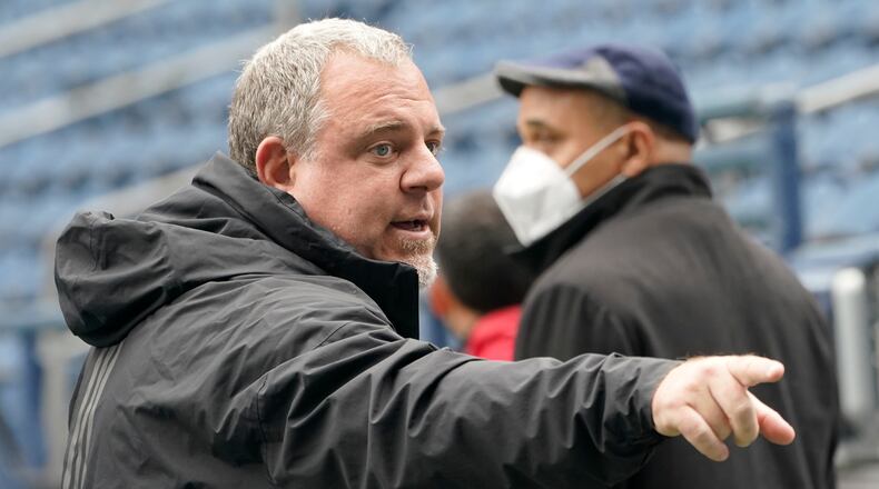 Garth Lagerwey, general manager of United States' MLS soccer Seattle Sounders, gestures during training, Tuesday, May 3, 2022, in Seattle, the day before a CONCACAF Champions League final soccer match against Mexico's Pumas. (AP Photo/Ted S. Warren)