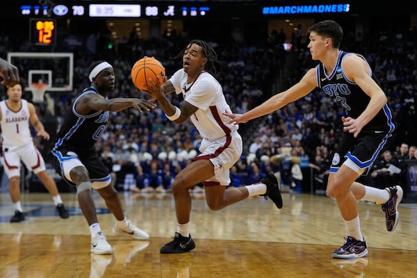 of a Sweet 16 round NCAA college basketball tournament game, Thursday, March 27, 2025, in Newark, N.J. (AP Photo/Julia Demaree Nikhinson)