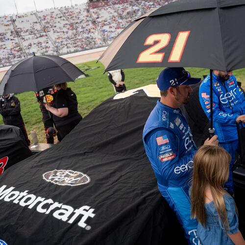 Josh Berry waits out the rain before a NASCAR Cup Series auto race, Sunday, May 31, 2026, in Lebanon, Tenn. (AP Photo/Camden Hall)