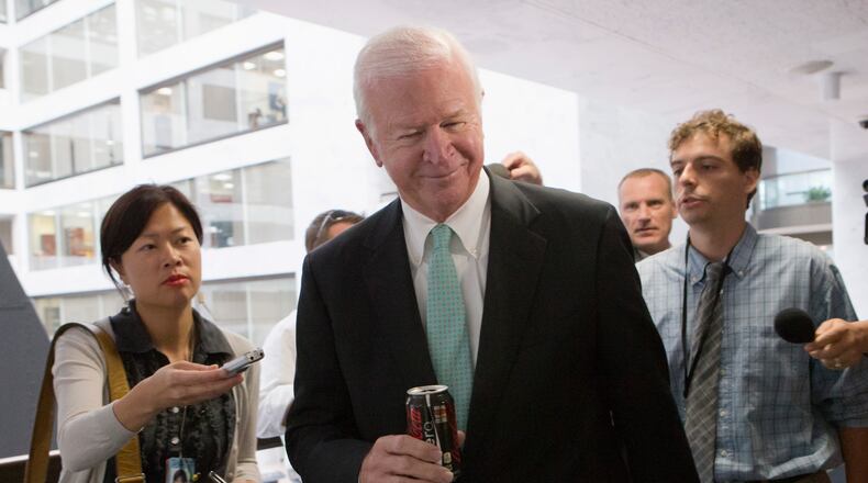 Senate Intelligence Committee Vice Chairman Sen. Saxby Chambliss, R-Ga. arrives for a closed-door briefing with national security officials on the situation in Syria, Thursday, Sept. 5, 2013, on Capitol Hill in Washington. President Barack Obama has requested congressional authorization of military intervention in Syria in response to last month's alleged sarin gas attack in the Syrian civil war. (AP Photo/J. Scott Applewhite)