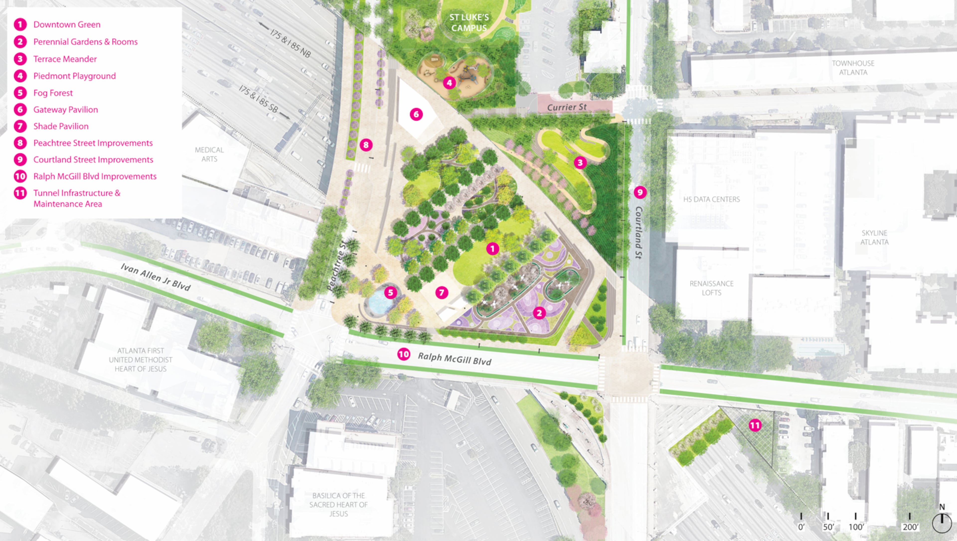 This is a site plan for the first phase of the Stitch in downtown Atlanta. It was unveiled Wednesday, Oct. 22, 2025, during the inaugural Downtown Day hosted by Central Atlanta Progress and the Atlanta Downtown Improvement District. (Courtesy of Atlanta Downtown Improvement District)