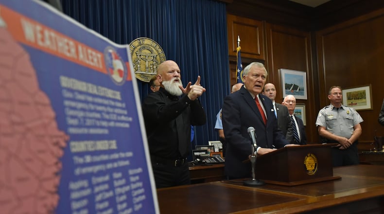 September 8, 2017 Atlanta - Gov. Nathan Deal speaks to members of the press during a news conference to provide Hurricane Irma updates and outline the stateâs emergency preparedness and response efforts at The Georgia State Capitol on Friday, September 8, 2017. HYOSUB SHIN / HSHIN@AJC.COM
