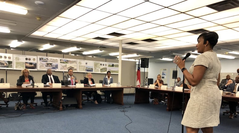 Atlanta Mayor Keisha Lance Bottoms, right, addressed the McPherson Implementing Local Redevelopment Authority board Monday, Aug. 26, 2019. J. SCOTT TRUBEY@AJC.COM