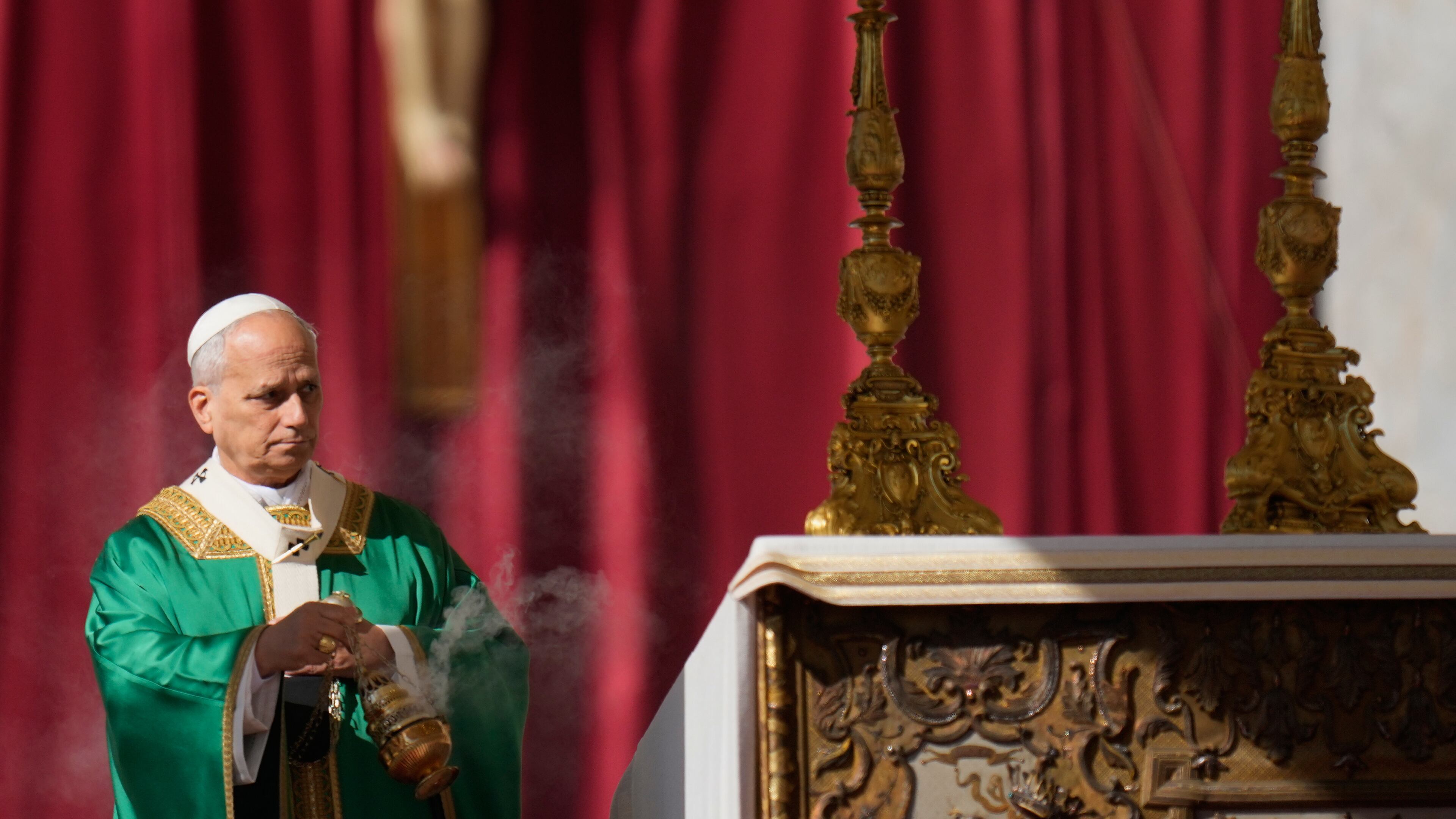 Pope Leo XIV presides over a Mass for the participants in the jubilee of ordained people in St. Peter's Square, at the Vatican, Thursday, Oct. 9, 2025. (AP Photo/Gregorio Borgia)