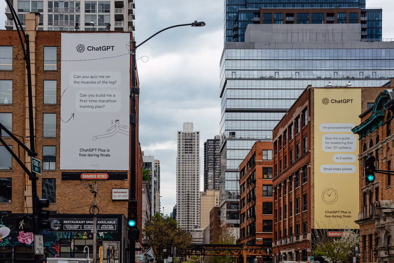 Billboards for ChatGPT’s ad campaign aimed at college students hang on buildings in Chicago’s River North neighborhood on April 23, 2025. OpenAI, the firm that helped spark chatbot cheating, wants to embed artificial intelligence in every facet of college. (Jamie Kelter Davis/The New York Times)
